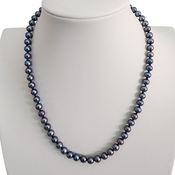 Peacock Blue Pearl Necklace 925 Sterling Silver Clasp Hand Knotted A0039 - Picture 2 of 15